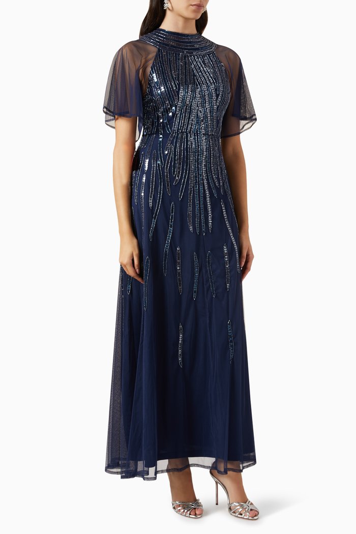

Cap Sleeve Sequin Embellished Maxi Dress in Tulle, Blue