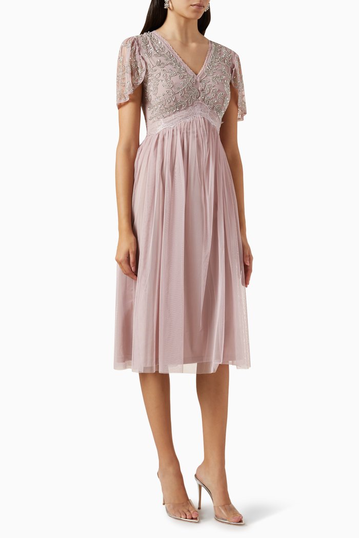 

Embellished Bodice Midi Dress in Tulle, Purple