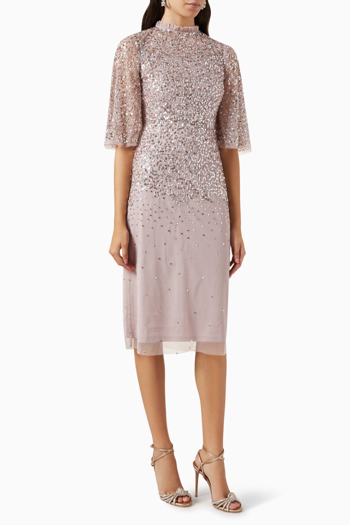 Sequin Embellished Glitter Midi Dress in Tulle, Pink