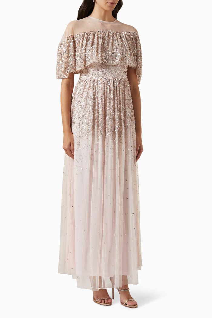 

Cascading Sequin-embellished Maxi Dress in Tulle, Pink