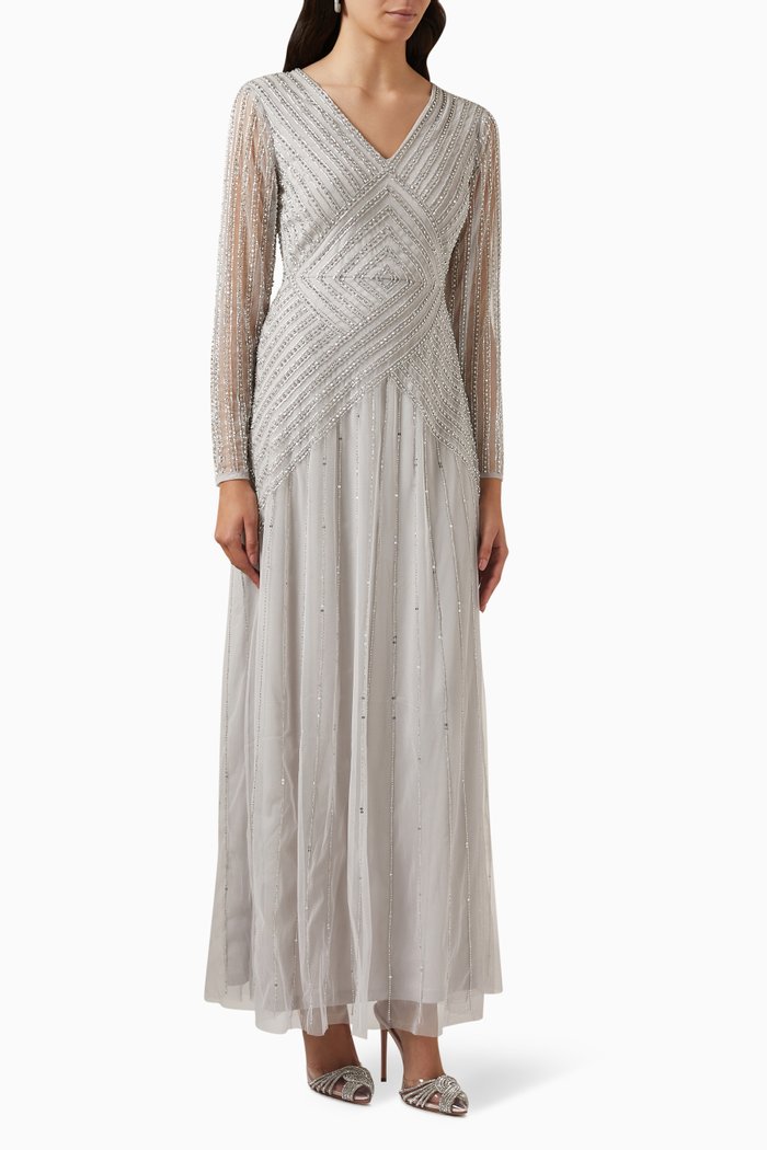 

Geometric Sequin-embellished Maxi Dress in Tulle, Grey