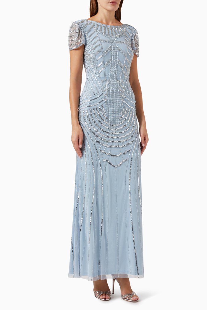 

Low-back Embellished Maxi Dress in Tulle, Blue