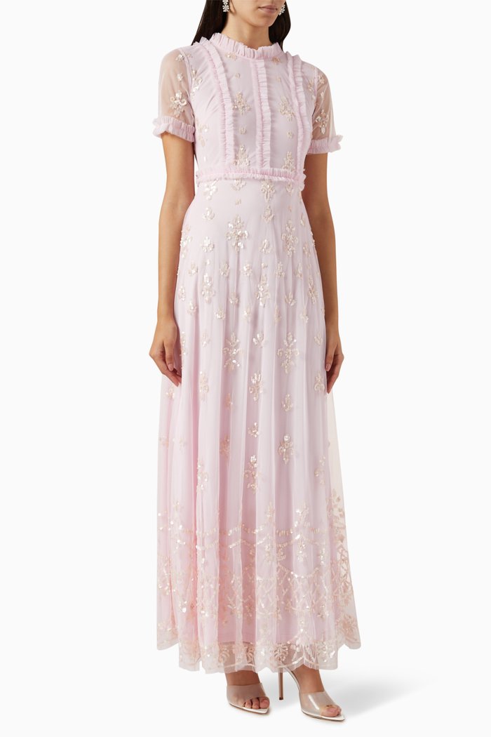 

Sequin Embellished Frill Maxi Dress in Tulle, Pink