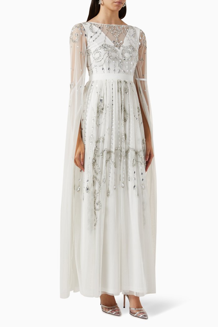 

Crystal Embellished Cape Maxi Dress in Tulle, White