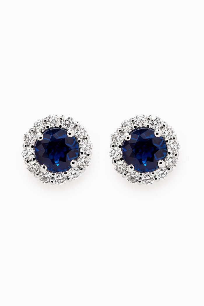 

Round Blue Sapphire & Diamond Halo Studs in 18kt White Gold