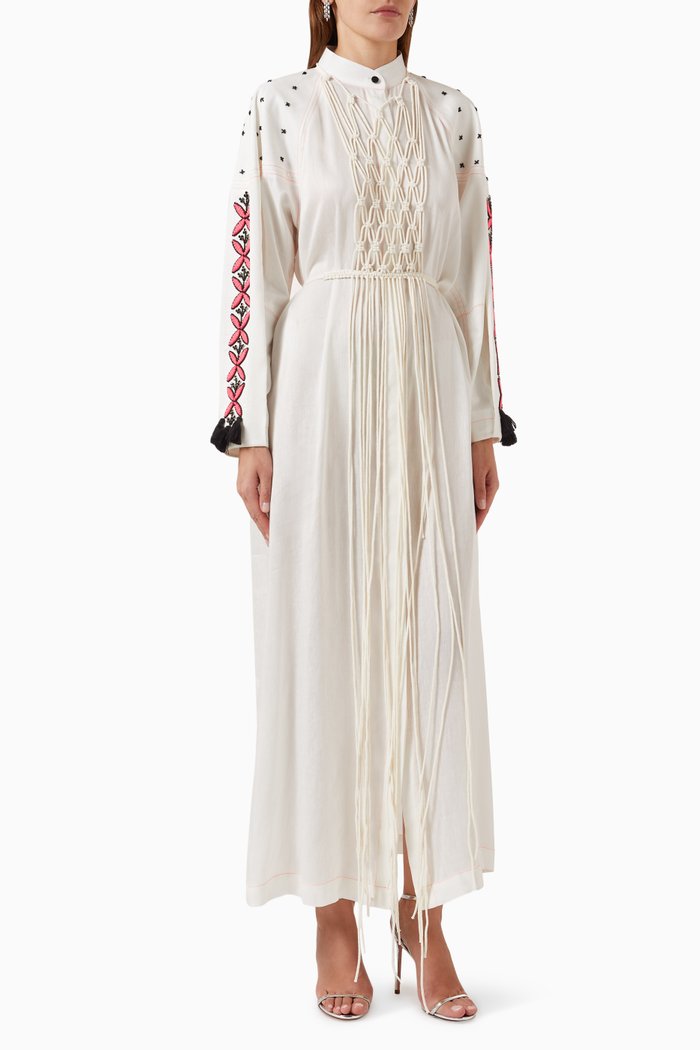 

Embroidered Maxi Kaftan with Macramé Halter in Cotton & Linen, White