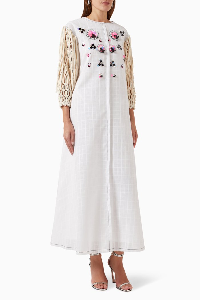 

Macramé-sleeve Embellished Maxi Kaftan in Cotton & Linen, White