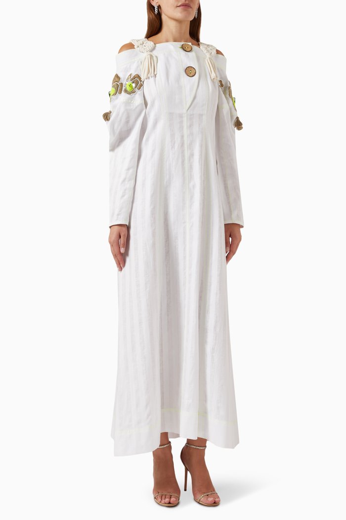 

Off-shoulder Embellished Maxi Kaftan in Cotton & Linen, White