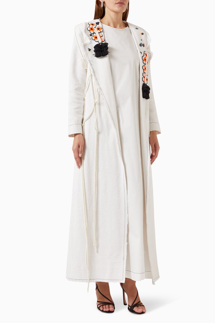 

Two-piece Embellished Macramé Kaftan Set in Cotton & Linen, White
