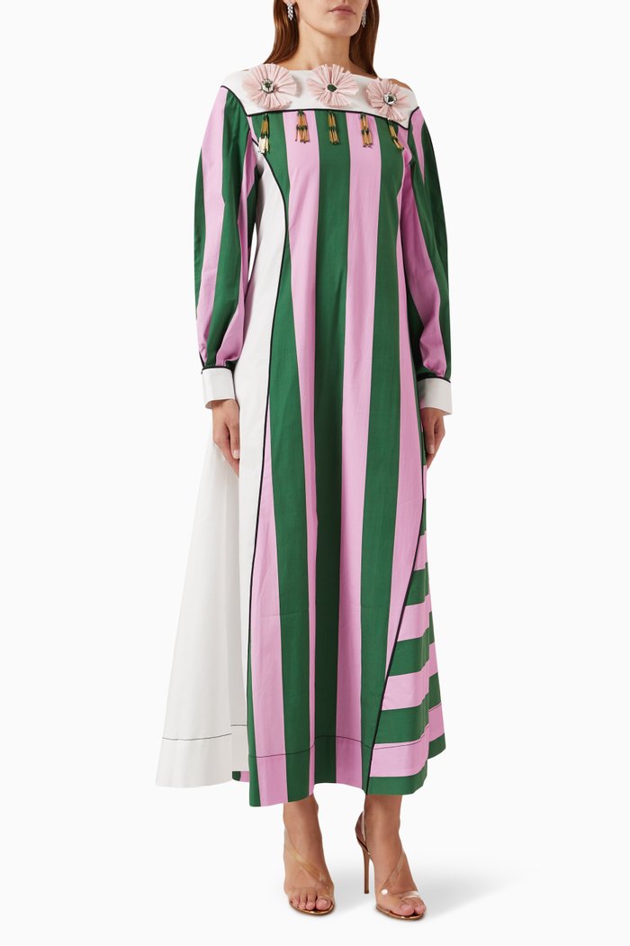 Striped Embroidered Kaftan in Cotton, Multicolour
