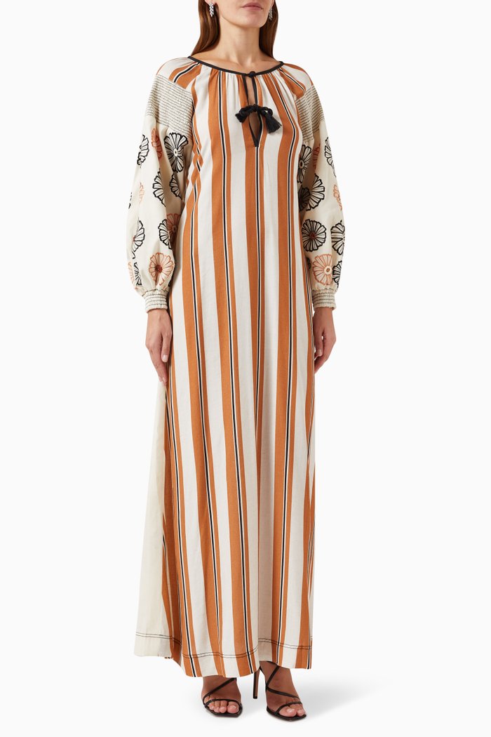 Floral-embroidered Striped Kaftan in Cotton, Multicolour