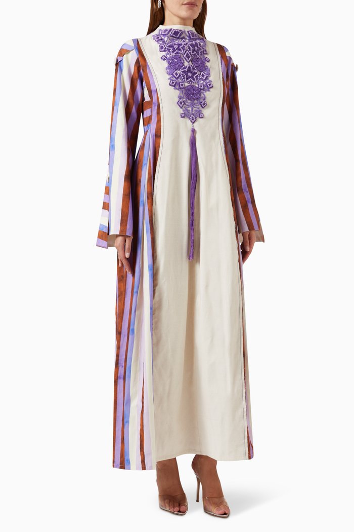 

Floral-embroidered Striped Kaftan in Cotton, Multicolour