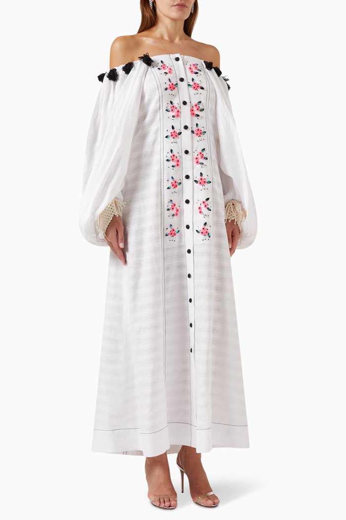 

Off-shoulder Kaftan with Macramé Gloves in Cotton & Linen, White