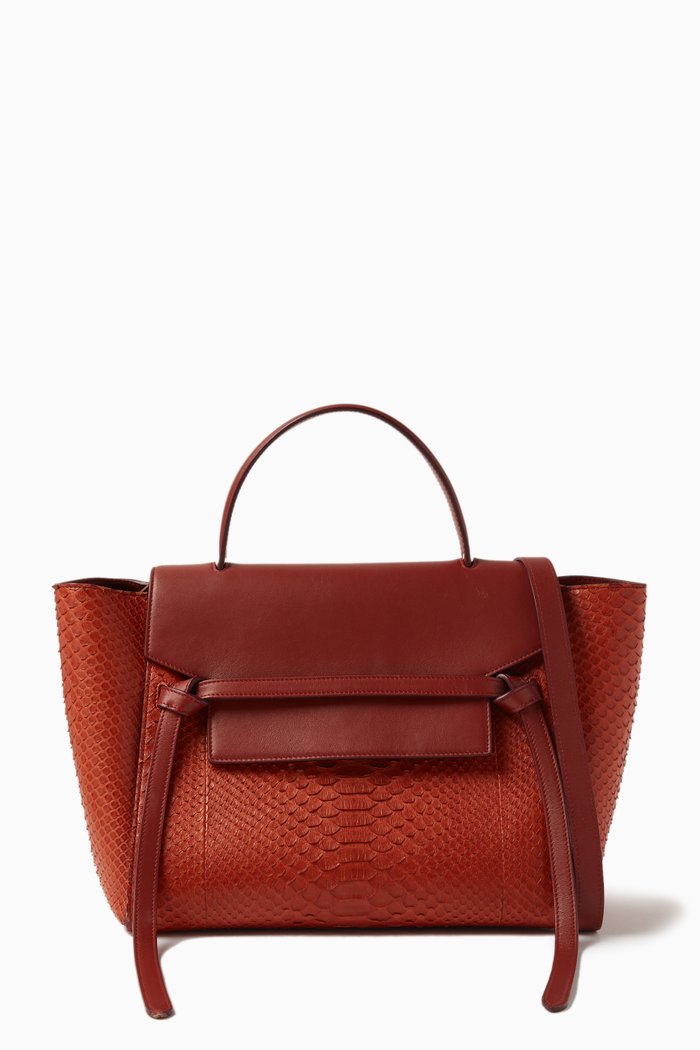 Mini Belt Tote Bag in Python Leather, Orange