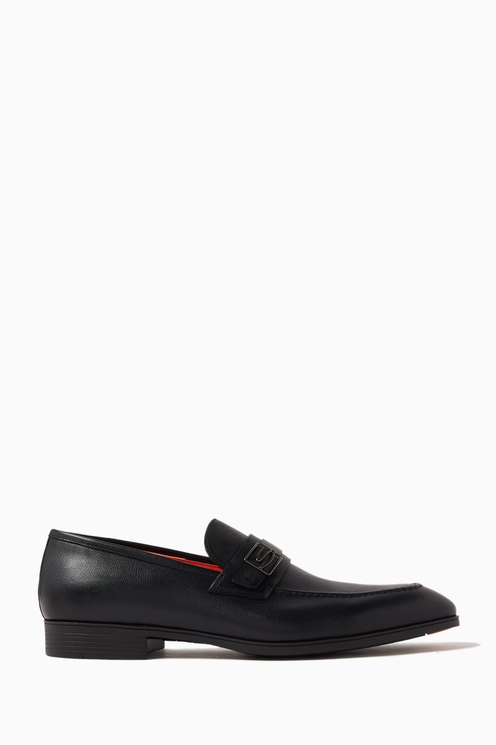 

Logo Buckle Loafers in Patina Calfskin Leather, Black
