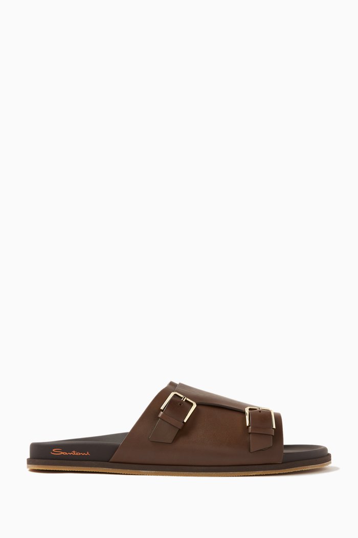

Double Buckle Slides in Patina Calf-skin Leather, Brown