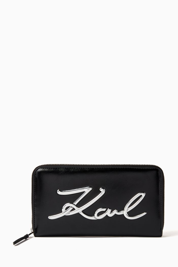 

K/Signature Zip Around Wallet in Leather, Black