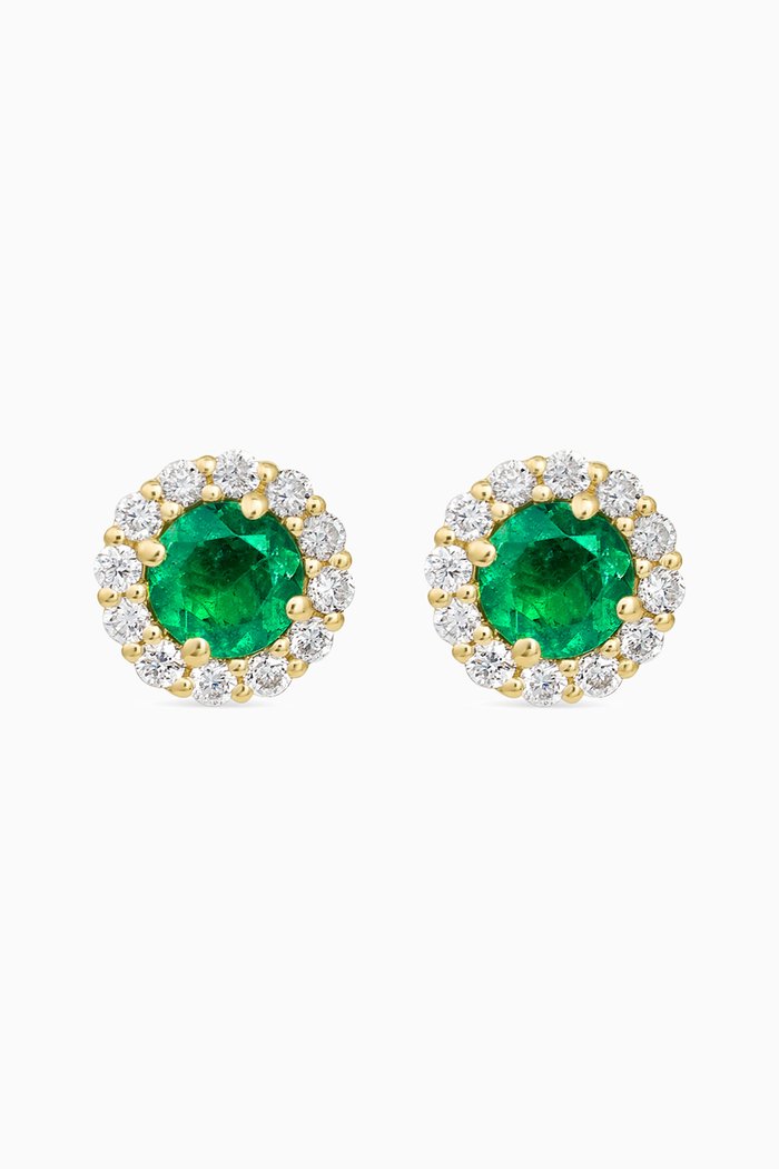 

Round Emerald & Diamond Halo Studs in 18kt Yellow Gold, Green