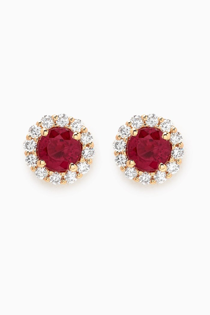 

Round Ruby & Diamond Halo Studs in 18kt Yellow Gold, Red