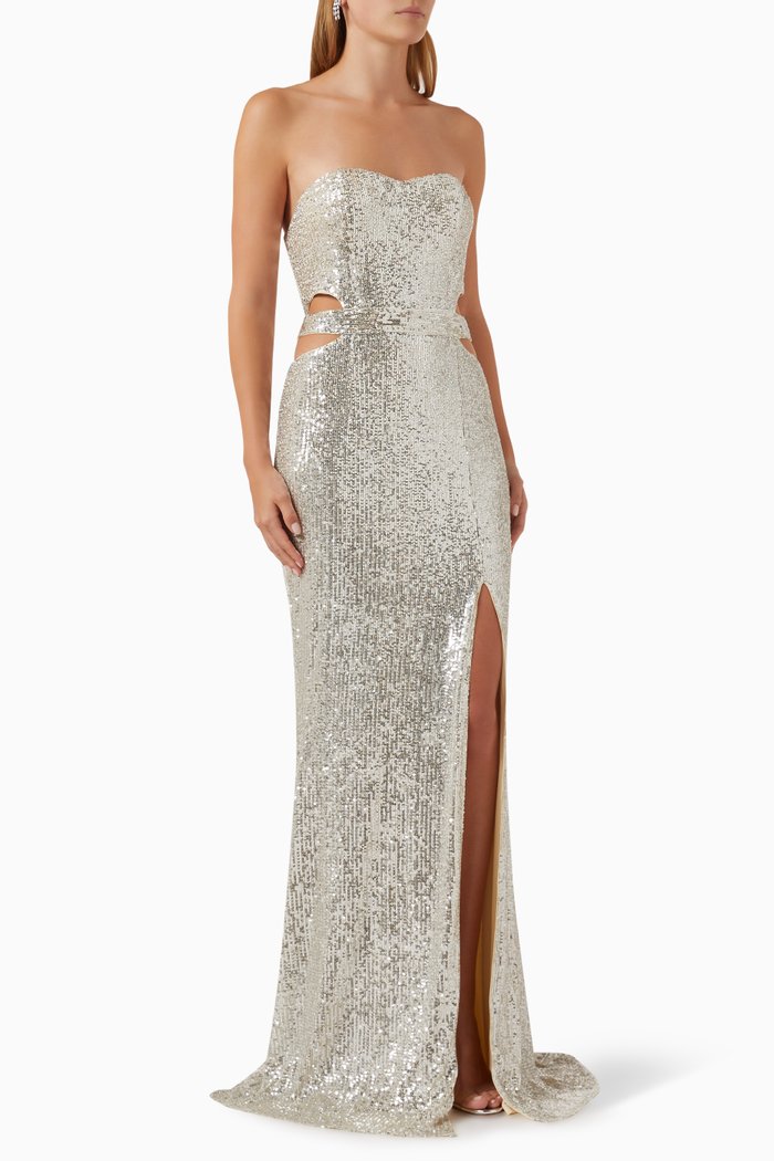 

Sadie Strapless Maxi Dress in Sequins, Silver