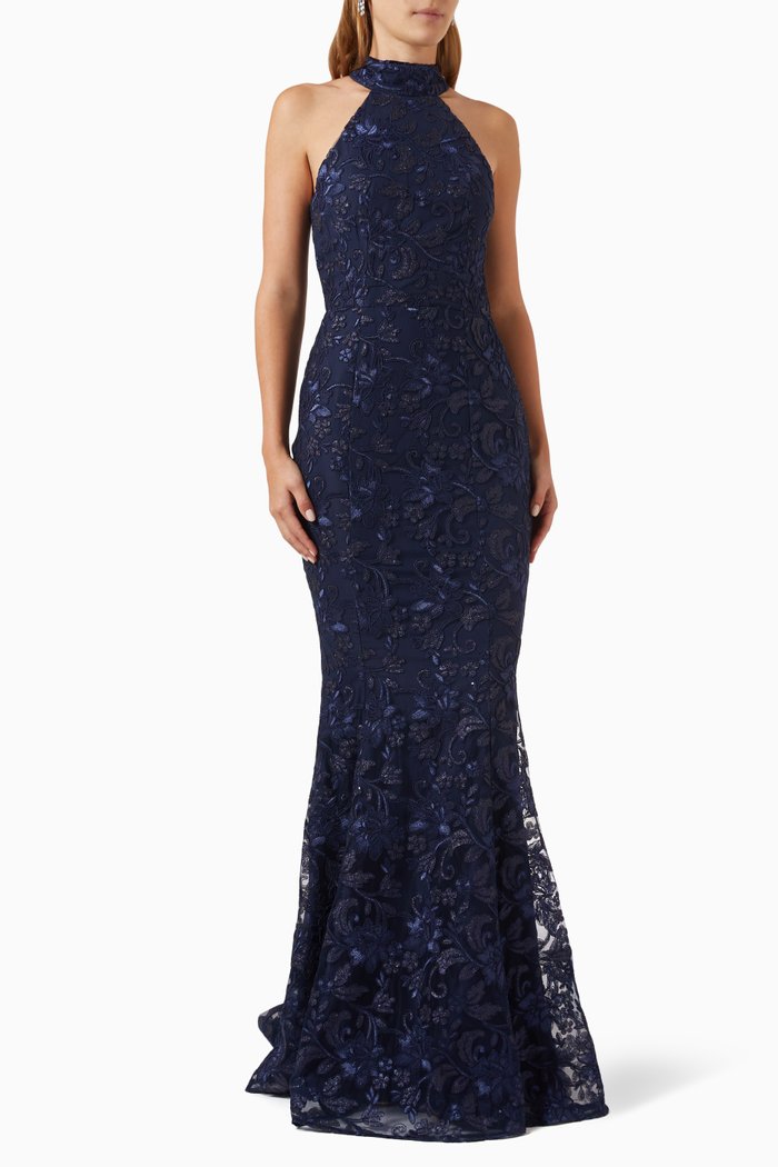 

Clement Mermaid Gown in Floral Lace, Blue