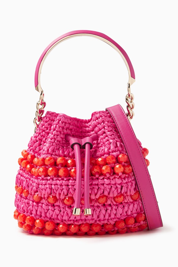 

Bon Bon Bucket S Bag in Beaded Raffia & Smooth Leather, Pink