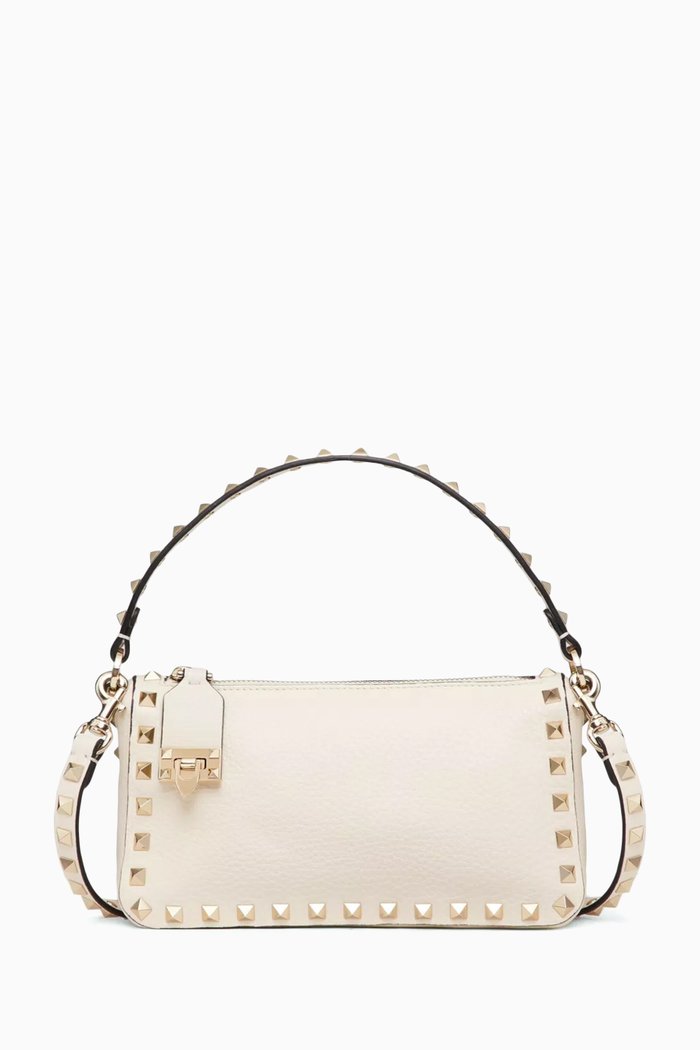 Valentino Garavani Small Rockstud Crossbody Bag in Grainy Leather, White