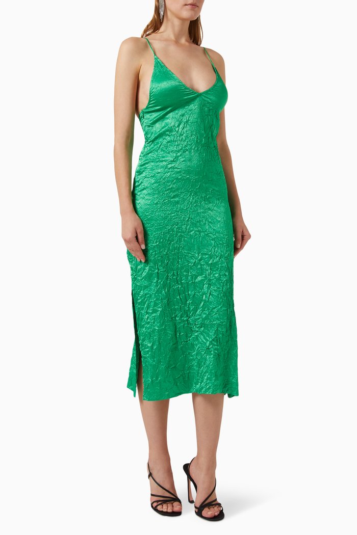 

Crinkled Slip Dress in Satin, Green