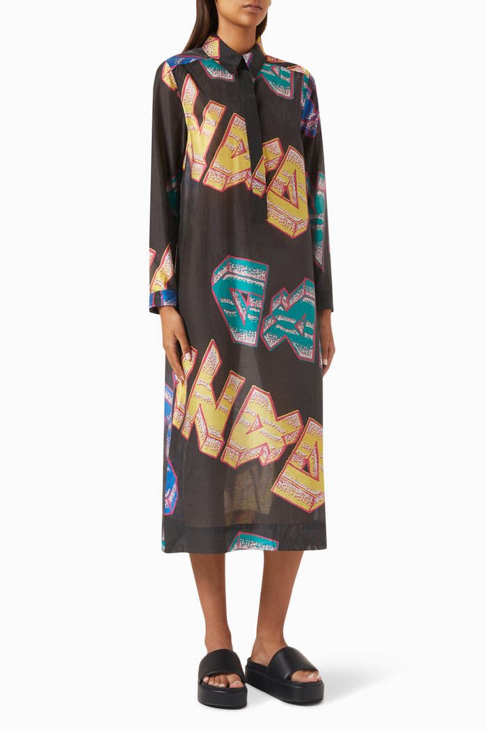 Logo-print Sheer Shirtdress in Voile, Black