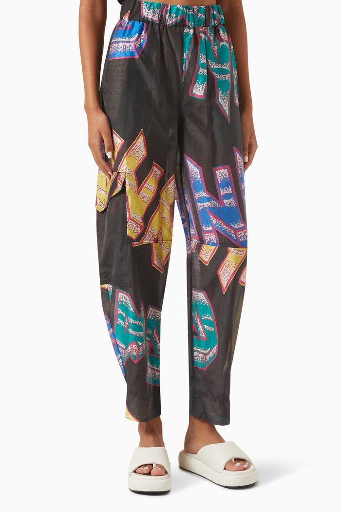 

Logo-print Sheer Curved Pants in Voile, Black