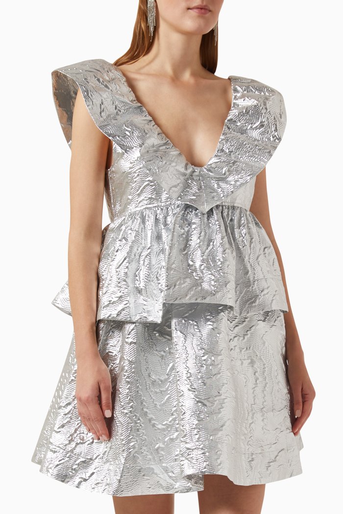 

Metallic Mini Dress in Jacquard, Silver