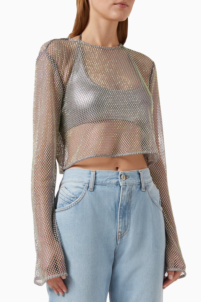 

Embellished Blouse in Mesh, Silver