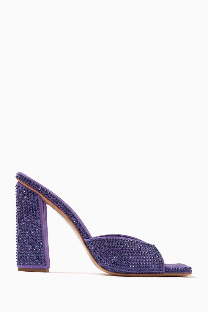 

x RHW Rosie 14 Mules in Rhinestone Satin, Purple