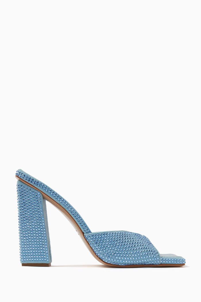 

x RHW Rosie 14 Mules in Rhinestone Satin, Blue