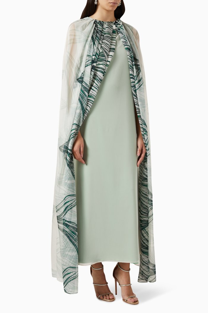 

Printed Cape with Dress in Chiffon, Green