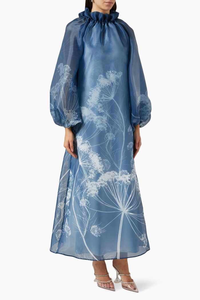 

Floral-print Puffed-sleeve Dress, Blue
