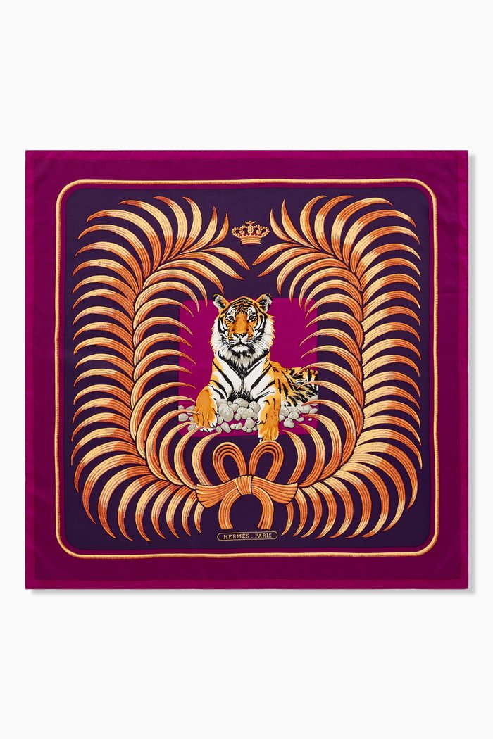 

Tiger-motif Square Scarf in Silk, Purple