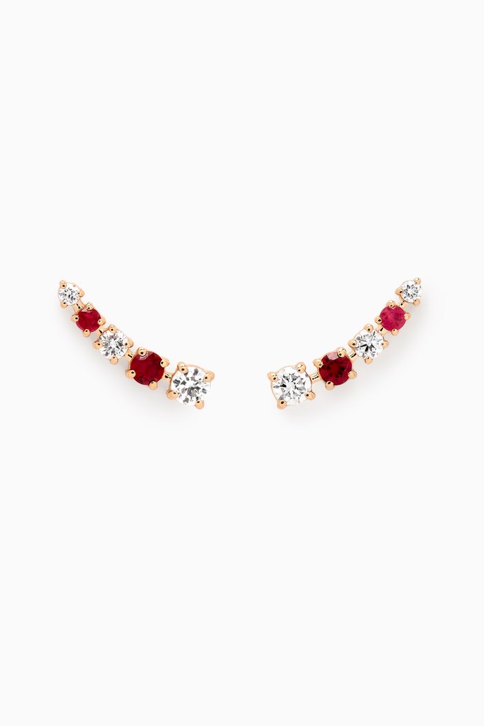 

Half Moon Ruby & Diamond Bar Earrings in 18kt Yellow Gold, Red