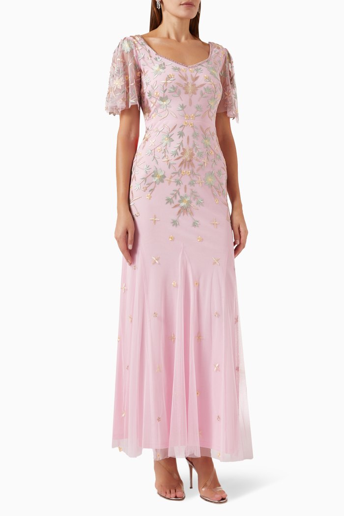 

Floral Embroidery Maxi Dress in Tulle, Pink