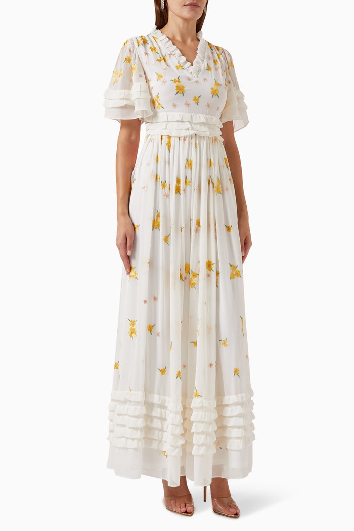 

Floral-print Maxi Dress in Chiffon, White
