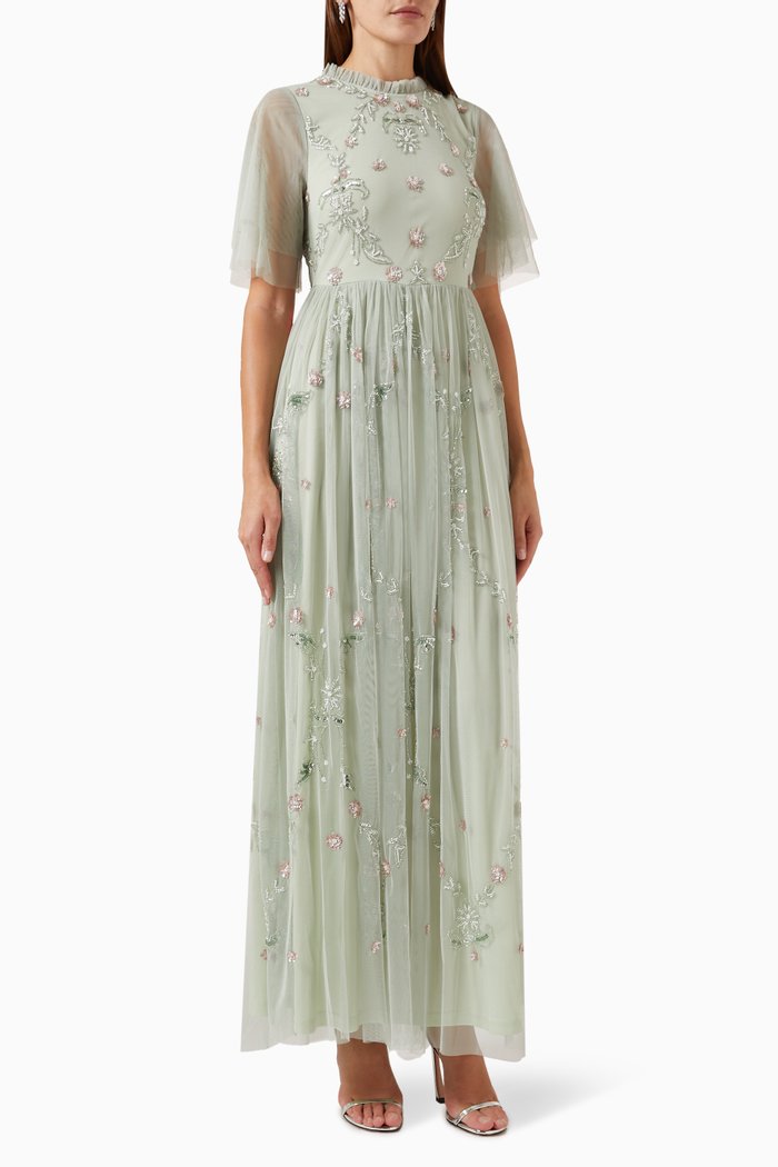 

Floral Embellished Maxi Dress in Tulle, Green