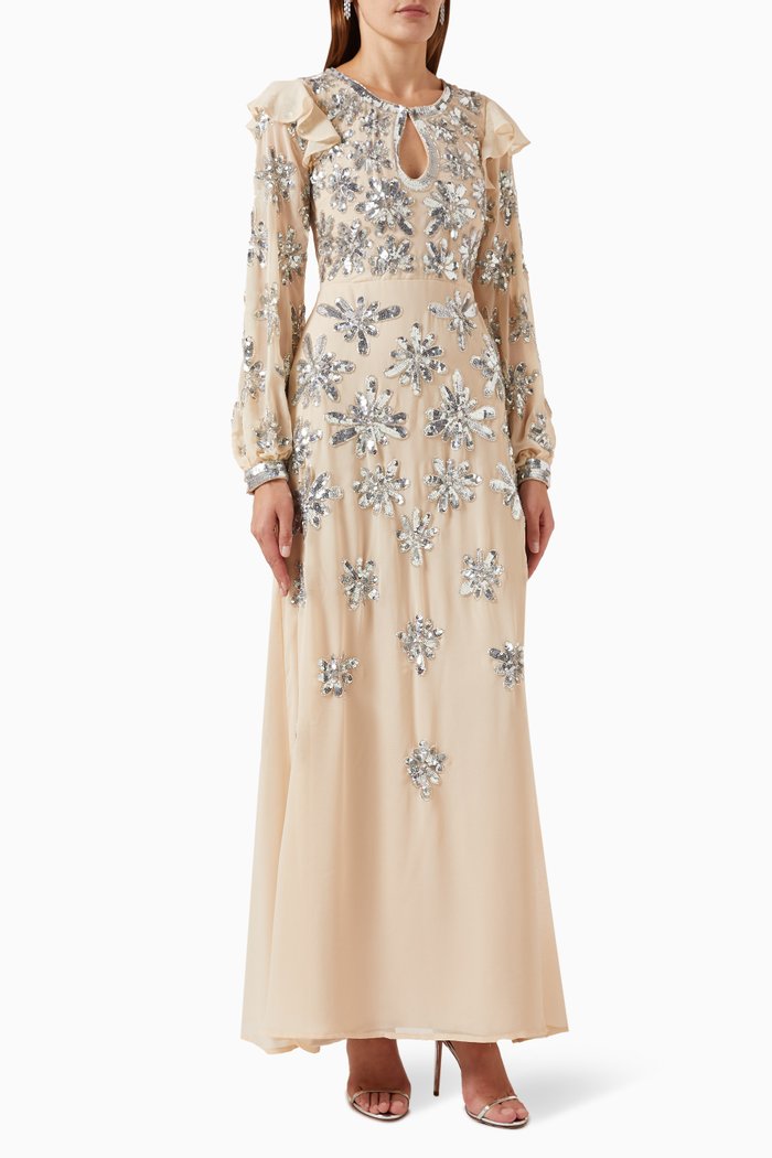 

Floral Sequins Maxi Dress in Chiffon, Neutral