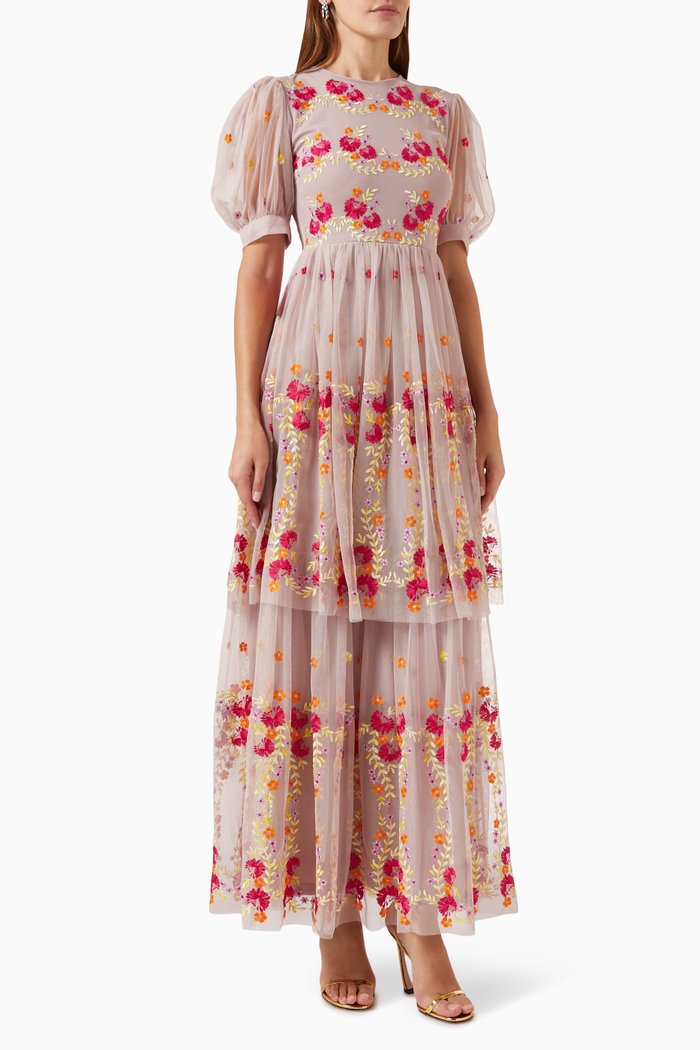 

Floral Embroidery Maxi Dress in Tulle, Pink
