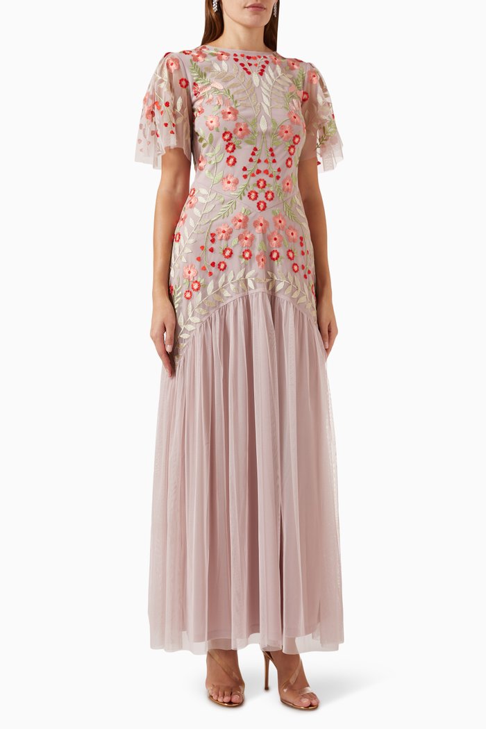 

Floral Embroidery Maxi Dress in Tulle, Pink