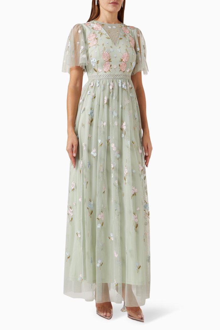 

Floral Embroidery Maxi Dress in Tulle, Green