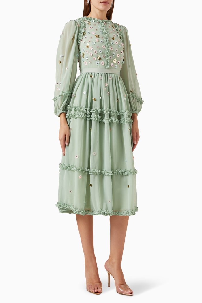 

Floral Embellished Midi Dress in Chiffon, Green