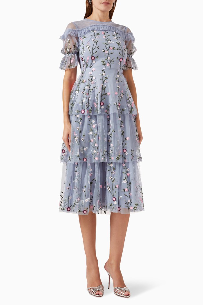

Ruffled Floral Embroidery Midi Dress in Tulle, Blue