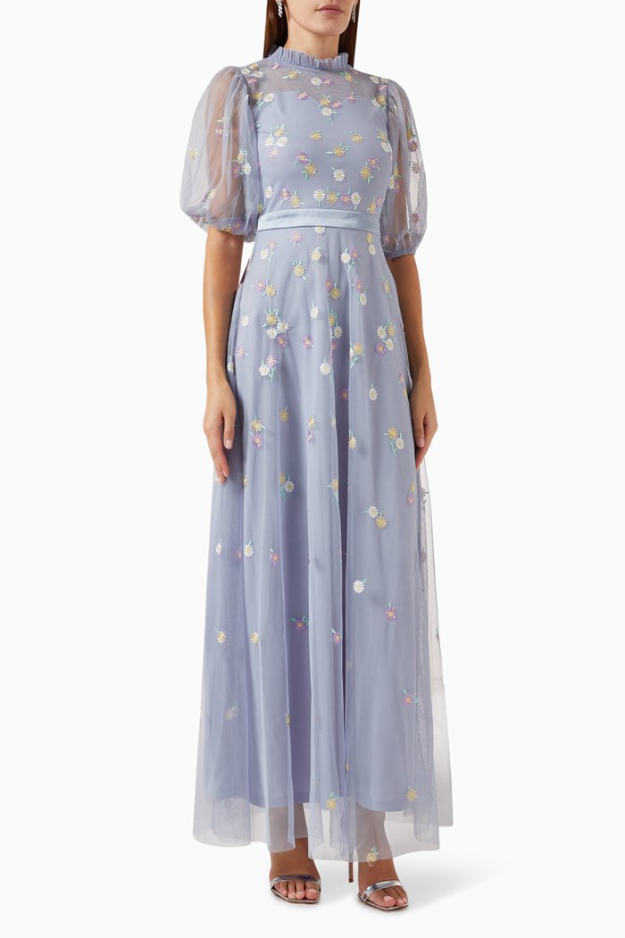 

Floral Embellished Maxi Dress in Tulle, Blue