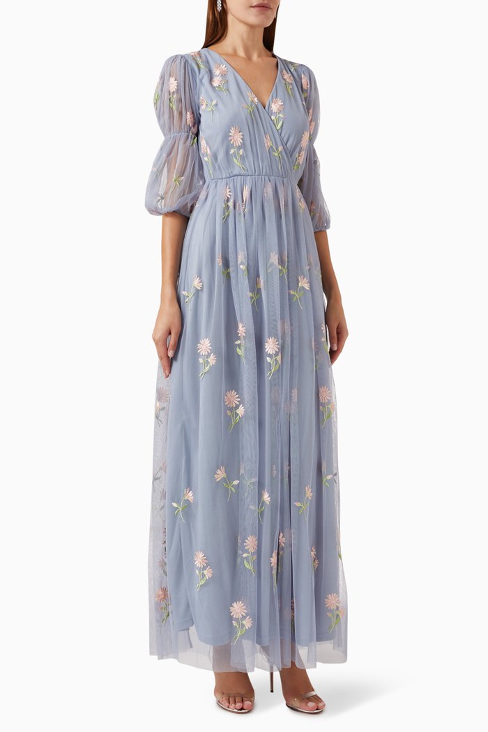 

Floral Embroidery Maxi Dress in Tulle, Blue