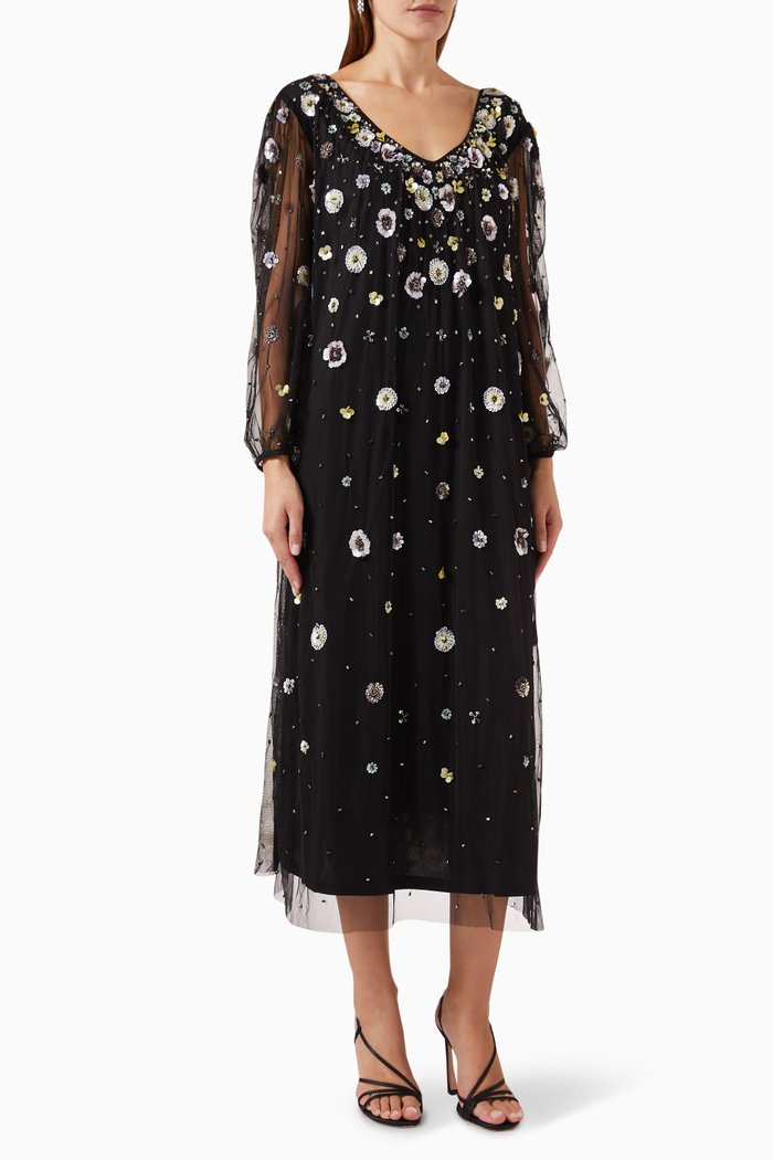 

Floral Embellished Midi Dress in Tulle, Black